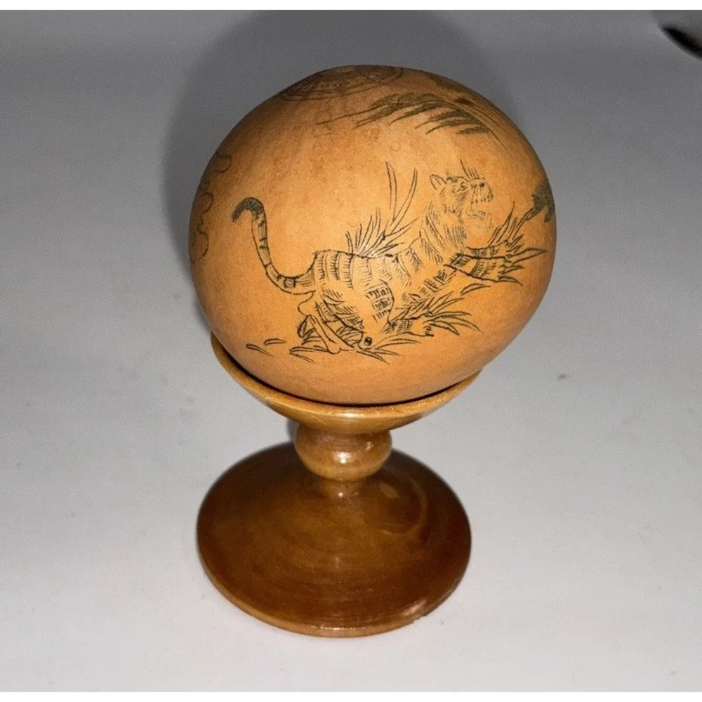 Vintage Chinese Lanzhou Etched Gourd With Tiger Design With Wooden Stand